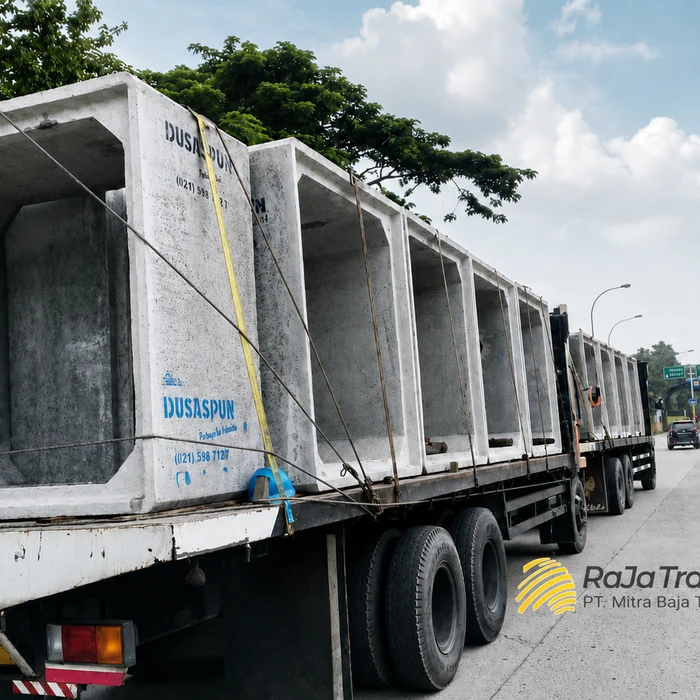 Truk RaJa Trans membawa box culvert beton